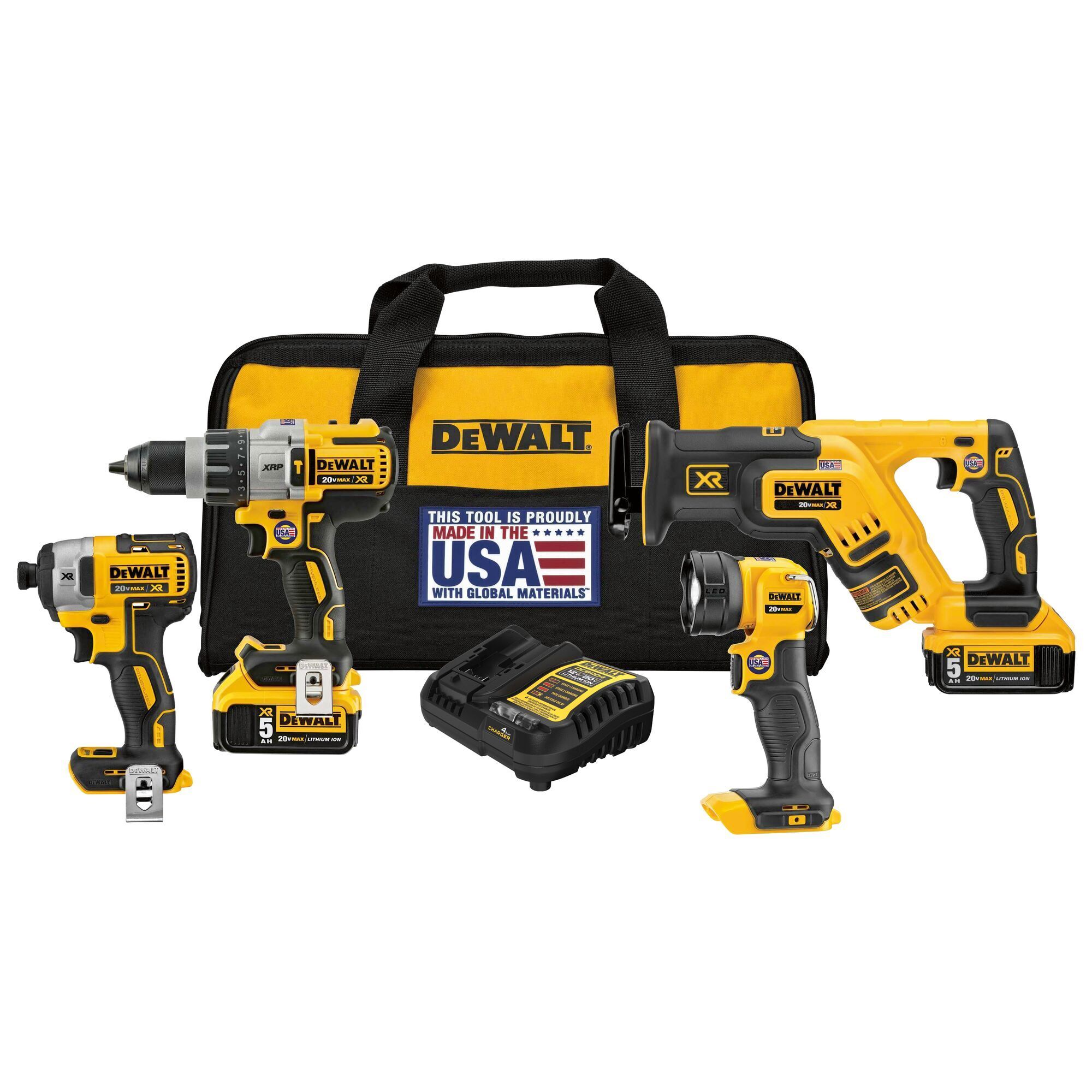 DeWalt 20V MAX XR Cordless Drill Combo Kit — 4-Tool, Includes Hammer Drill, Impact Driver, Compact Reciprocating Saw, Work Light, 2 Batteries, Model# DCK494P2